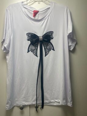 Women’s White Short Sleeve Tee with Black Lace Bow Accent